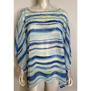 Chico's White Blue Green Striped Pullover Poncho L XL Kimono Wrap Oversized